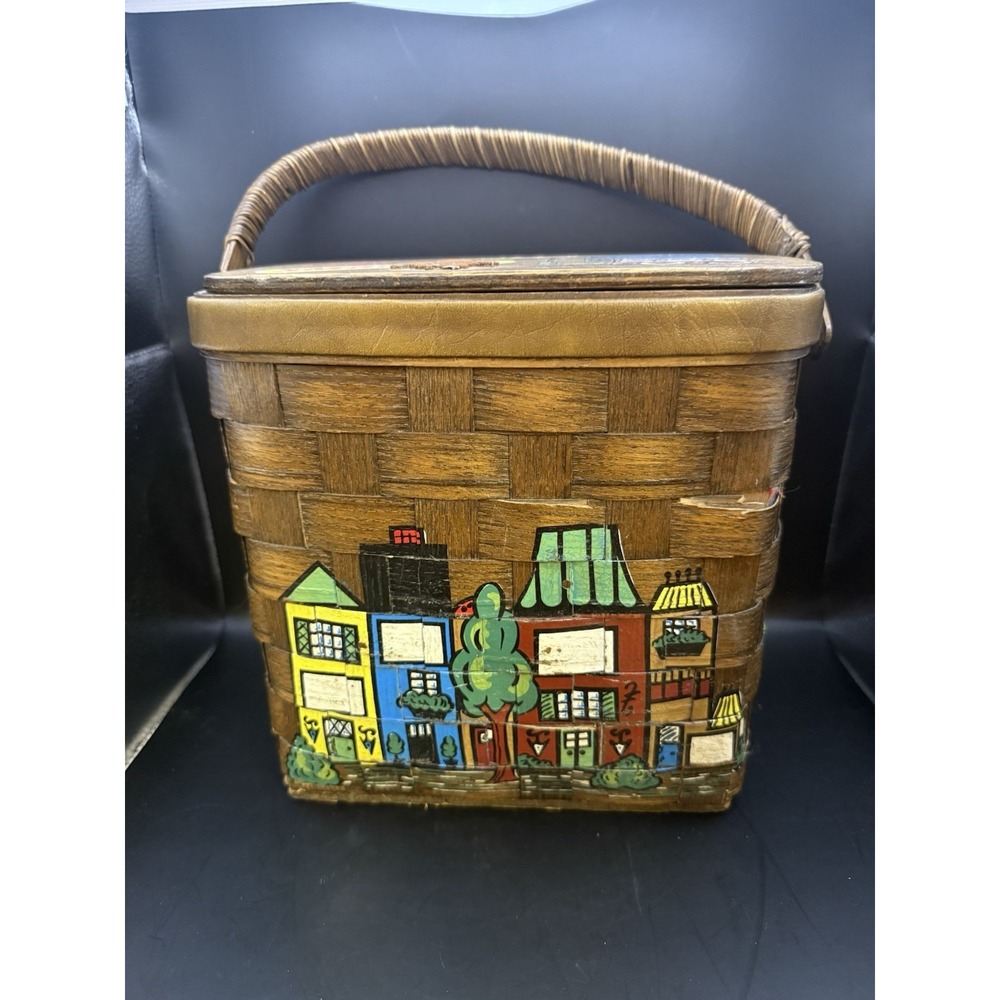 Vintage Smart Set Phenix Woven‎ Basket Purse Handbag Painted Houses 1960s